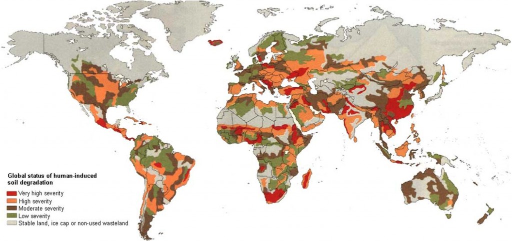 Wereldkaart van land degradatie; alle gekleurde gebieden verliezen vruchtbare grond. (Afbeelding via fao.org)